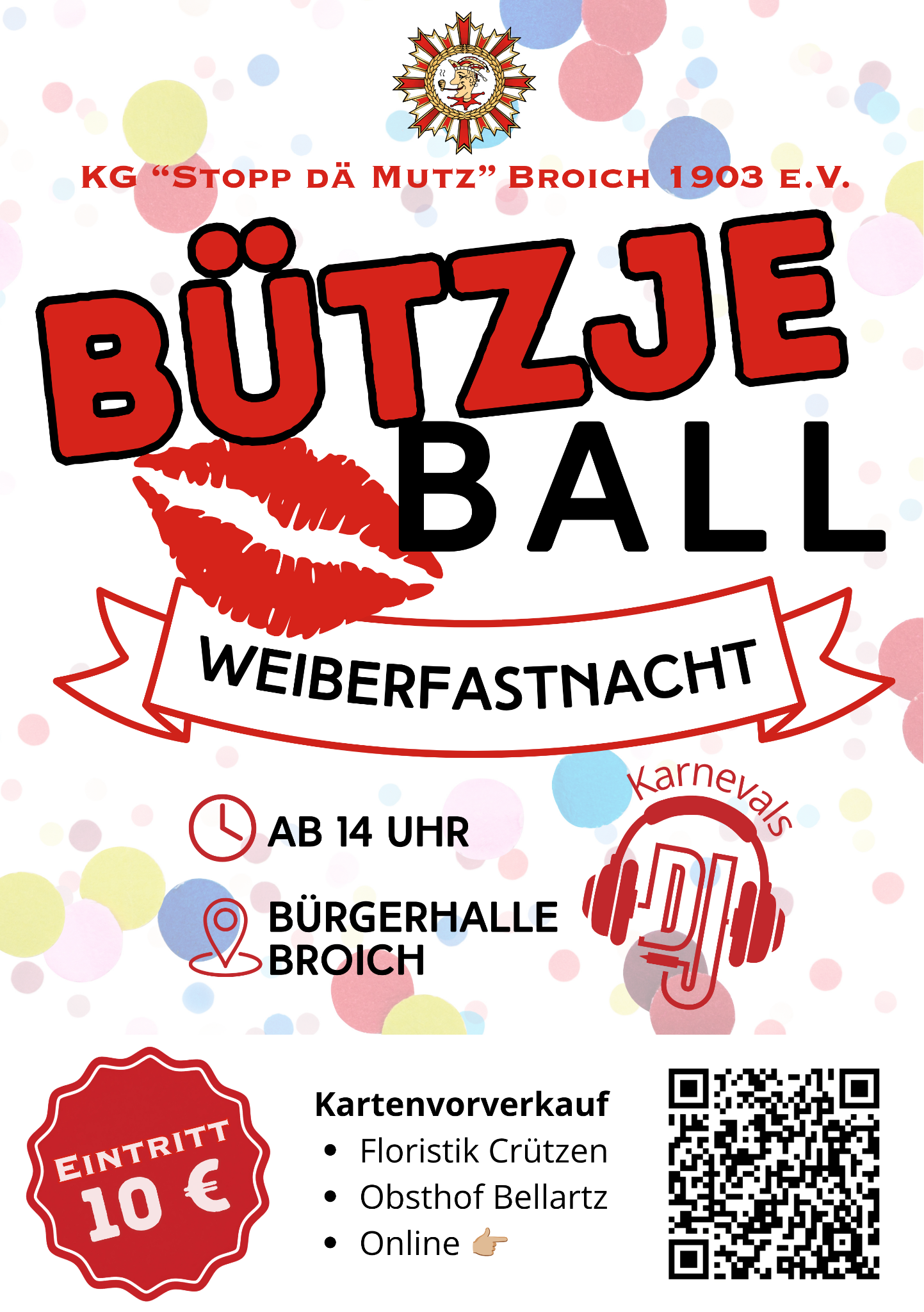 Flyer Bützje Ball – Weiberfastnacht 04. Februar 2027 in der Bürgerhalle Broich