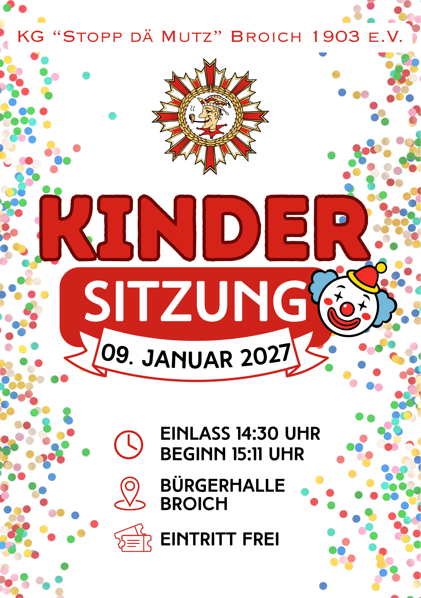 Flyer Kindersitzung am 09. Januar 2027 in der Bürgerhalle Broich